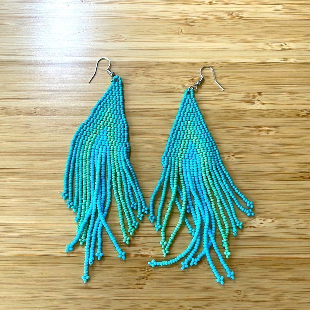 Blue Bohemian Beaded handmade Tassel Pendant Dangle Earrings